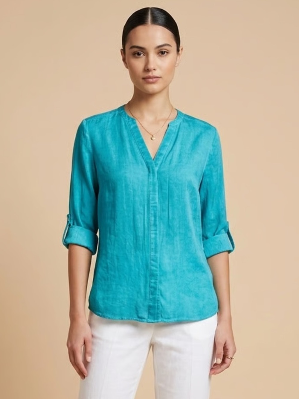 ECRU | Teal Mono Tie Dye Rolled Sleeve Top Sz XS
